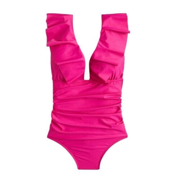 J. Crew Ruched Ruffle One Piece Swimsuit In Radiant Fuchsia Size 0 - Picture 8 of 8